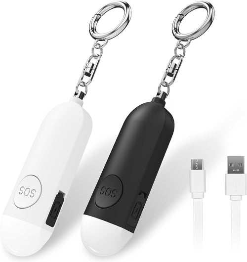 Alarm - Torch - 2-pack - 130dB - Personal alarm - Security alarm - Rechargeable - Emergency siren - with LED light - Keychain - (Black & White)-0