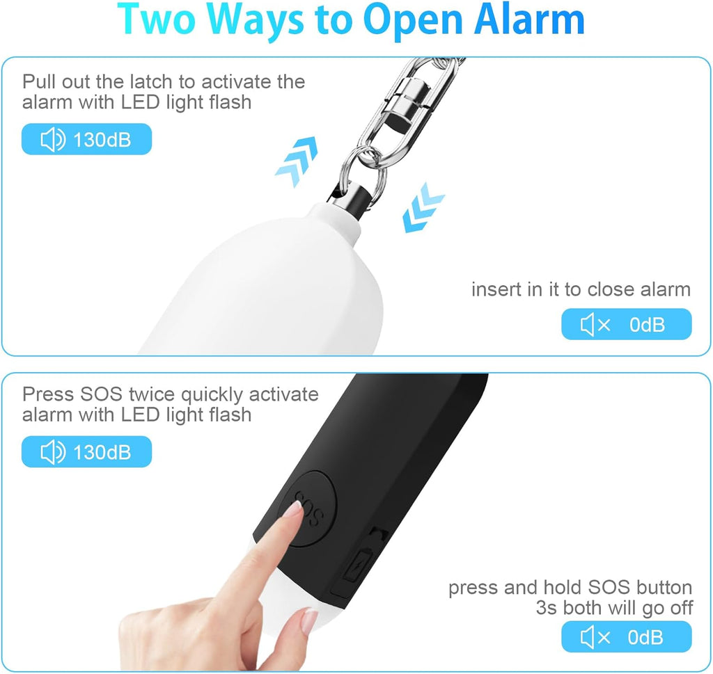 Alarm - Torch - 2-pack - 130dB - Personal alarm - Security alarm - Rechargeable - Emergency siren - with LED light - Keychain - (Black & White)-3